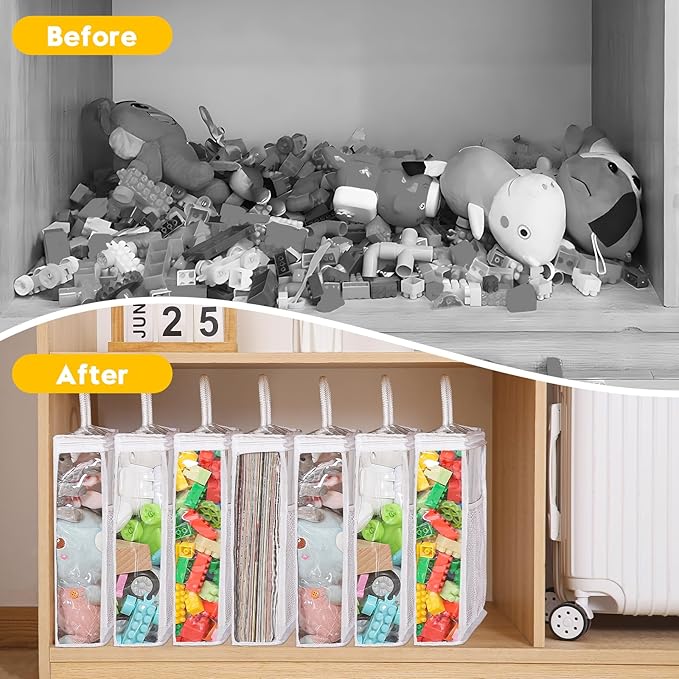 10 PCS Clear Zippered Toy Storage Bags with handle, Kids Toy Storage Organizer with Mesh Pocket for Instructions, Playroom Organizer Plastic Bags for Blocks Set Puzzles-White
