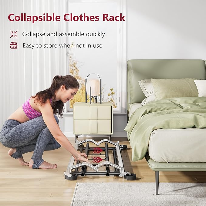 Tajsoon Double Rod Clothes Rack Load 480 LBS, Heavy Duty Rolling Garment Rack with Wheels, Collapsible Clothing Rack for Hanging Clothes, Commercial Adjustable Clothes Rack with Shelf, Black