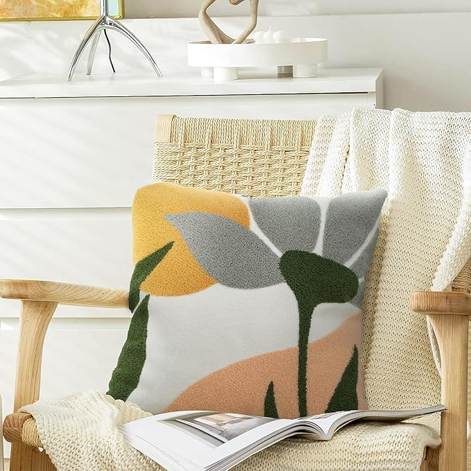 Merrycolor Boho Decorative Throw Pillow Covers Abstract Tufted Mid Century Modern Throw Pillows Leaf Sun Aesthetic Textured Pillow Cover Green Throw Pillows Cover for Bed Couch,Flower 18x18 Inch