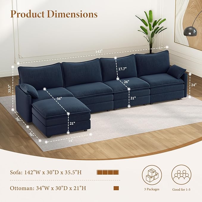 Vesgantti 142" Cloud Couch Sectional Modular Sofa, Comfy Sectional Couch with Ottoman Deep Seat Chenille L Shaped Sofa, Modular Couches for Living Room, Bedroom and Apartment, Blue