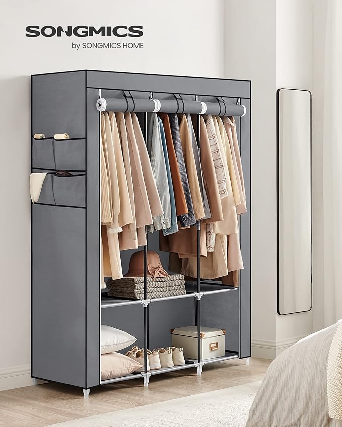 SONGMICS Portable Closet, Wardrobe Closet Organizer with Cover, 3 Hanging Rods and Shelves, 4 Side Pockets, 51.2 x 17.7 x 65.7 Inches, Large Capacity for Bedroom, Living Room, Gray URYG092G02