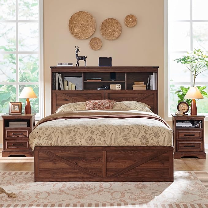 ACCOHOHO Queen Bed Frame with 52" Tall Headboard and 4 Drawers,LED Light,Charging Station,Solid Wood Slats Support,No Box Spring Needed,Brown