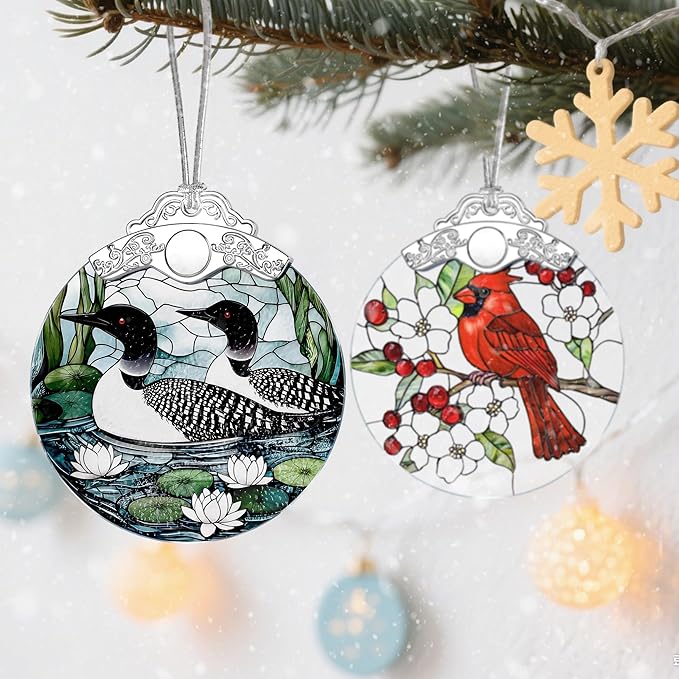Loon Birds Stained Glass Ornament - Christmas Decorations for Tree | Christmas Ornaments | Holiday Ornament – Gifts for Bird Lovers | Holiday Party Gifts | Gift Ideas & Xmas Gift