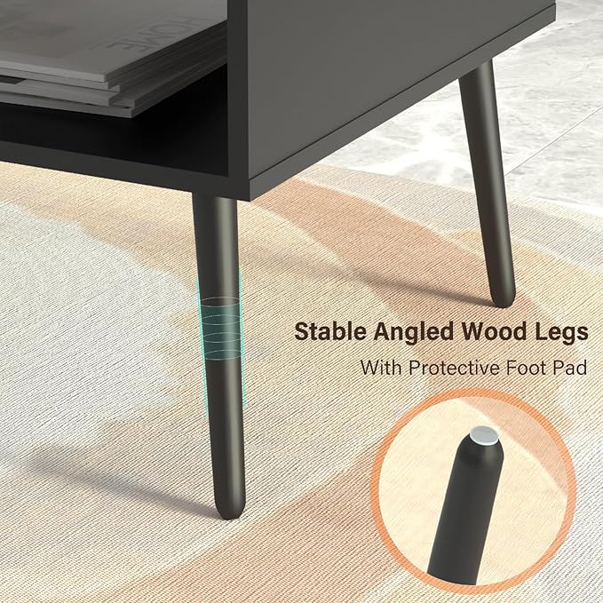 HAIOOU Coffee Table, Mid Century Modern Style Cocktail Table TV Stand with Drawer, Open Storage Shelf, Stable Floor-Anti-Scratching Pine Leg for Home, Office, Living Room - Black