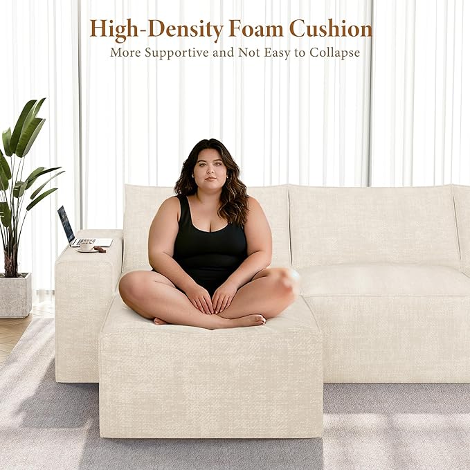 Vesgantti 114" Boneless Modular Sectional Sofa, Modern 3 Seater Couch with Ottoman & Deep Seat, Convertible Chenille L Shaped Cloud Couches for Living Room, No Assembly Required, Beige