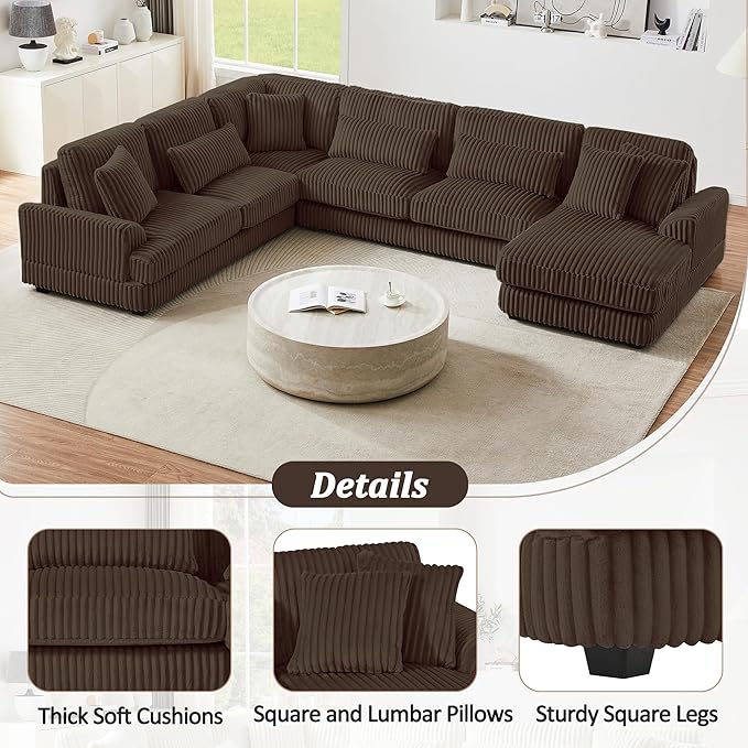 129" Sectional Sofa U Shaped Sofa Modern Couch Upholstered Couches with Chaise Lounge for Living Room, Brown