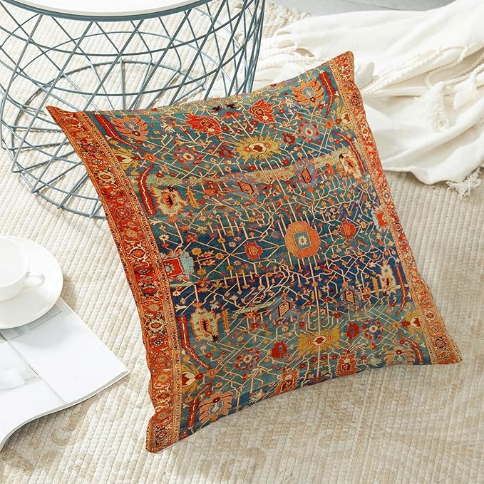 Boho Pillow Covers 20x20 Set of 2, Red Bohemian Ethnic Design Decorative Throw Pillow Covers Farmhouse Cushion Pillow Covers for Sofa Couch Outdoor