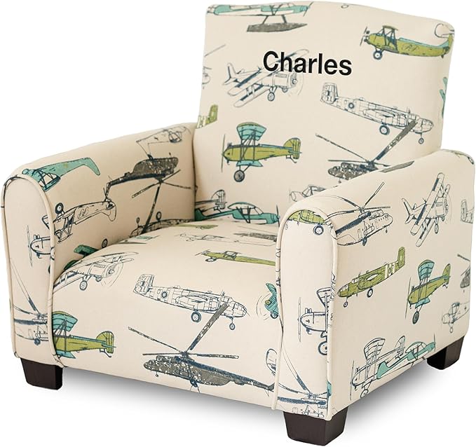 Toddler Personalized Armchair, Kids Upholstered Rocking Chair with Personalization, Toddler Chair with Personalized Name, Comfy Child Armchair, (Airplanes Print, Legs)