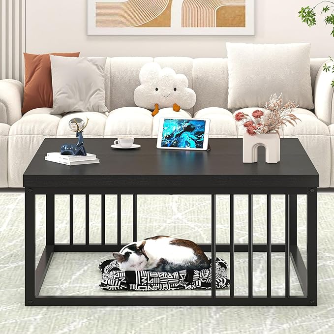 FOLUBAN Black Coffee Table, Modern Square Center Table for Living Room, Industrial Rustic Wood and Metal Cocktail Tea Table, 31.5 Inch