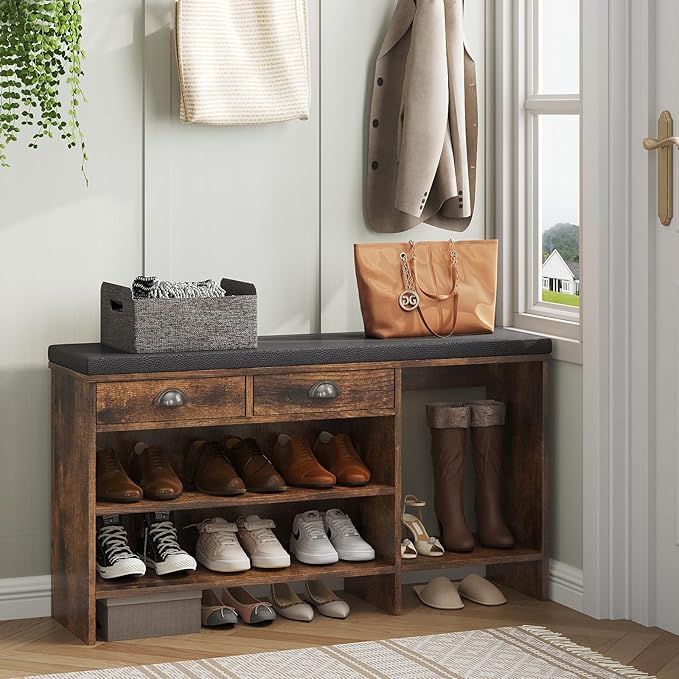 Maupvit Shoe Storage Bench with Cushion, Shoe Bench with Padded Seat, Entryway Storage Bench with Drawer, 2 Compartments, Wood Bench Rack for Bedroom, Closet, Living Room, Hallway (Brown)