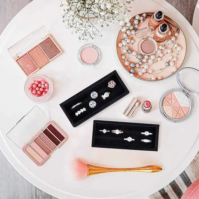 DesignSter Small Jewelry Tray, 2PCS Ring Organizer, Velvet Jewelry Display Tray, Stackable Jewelry Organizer Trays, Jewelry Drawer Organizer Inserts For Dresser, Jewelry Box (Black)