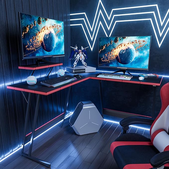 Homall L Shaped Gaming Desk Computer Corner PC Desk Table with Large Monitor Riser Stand for Home Office Sturdy Writing Workstation (Black, 47 Inch)