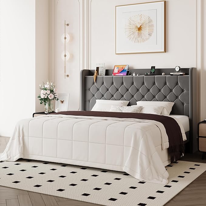 Allewie King Size Bed Frame, Storage Headboard with Charging Station, Wingback Velvet Upholstered, Diamond Stitched Button Tufted, Sturdy Wooden Slats, No Box Spring Needed, Easy Assembly, Grey