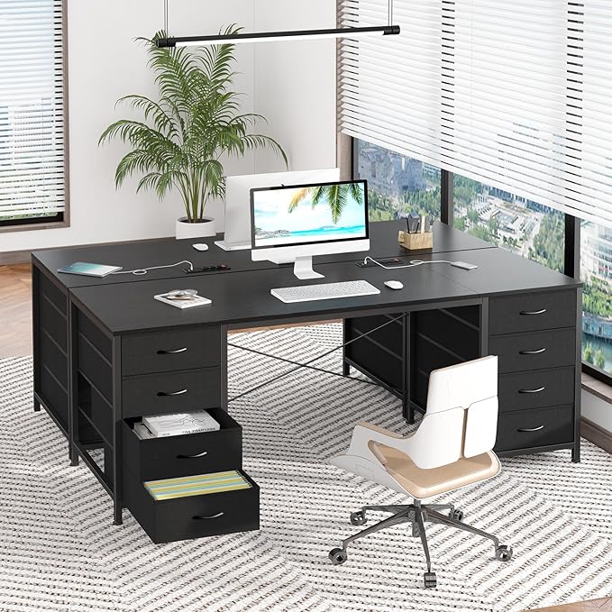 60 Inch Computer Desk with 8 Drawers, Home Office Desk with Power Outlets, Work Study Gaming Desk with 8 Fabric Drawers, Black