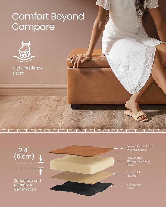 VASAGLE EKHO Collection - Storage Ottoman Bench, Entryway Bedroom Bench, 25 Gallons, Synthetic Leather with Stitching, Mid-Century Modern, Safety Hinges, Loads 660 lb, Caramel Brown ULOM075K01
