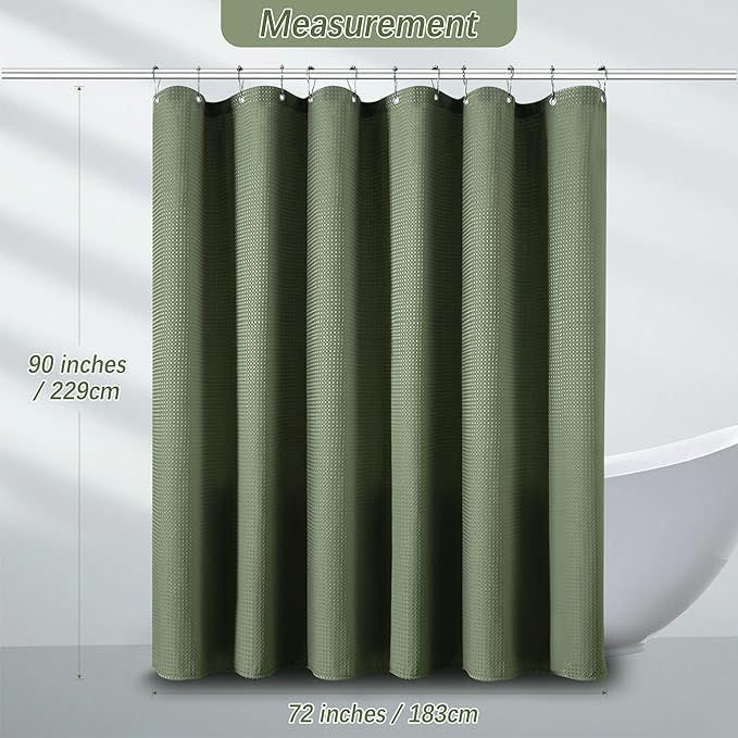 Waterproof Fabric Shower Curtain Extra Long Waffle Weave Heavy Duty Bathroom Shower Curtain Set, 256GSM Weighted Thick Shower Curtain with 12 Rust-Resistant Hooks,72Wx90H Sage Green