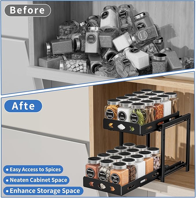 Pull Out Spice Racks for Inside Cabinets, 2-Tier Cabinet Spice Rack Organizer, Height Adjustable Vertical Spice Rack for Kitchen Cabinet (7.5''Wx10.8''Dx9.2''H, Metal Black)
