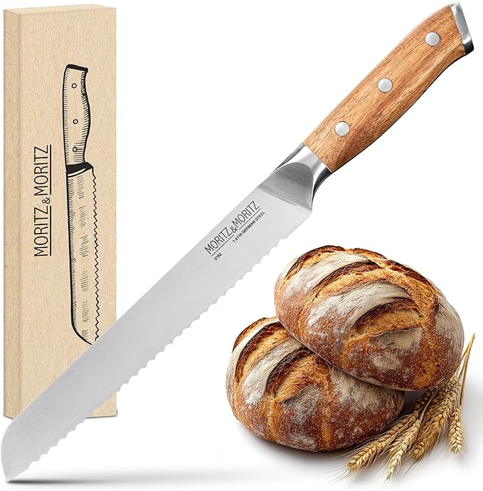 Moritz & Moritz 8-Inch Serrated Bread Knife – Professional Kitchen Bread Knife for Homemade Bread, Baguettes, Pastries & Cakes – Sharp German Stainless Steel Blade with Ergonomic Acacia Wood Handle
