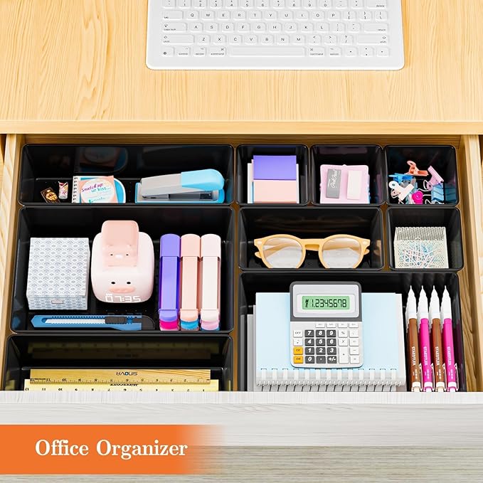 25 PCS Plastic Drawer Organizer Set, 4-Size Versatile Organizer Trays & storage Bins for Makeup, Jewelry, and Gadgets in Bathroom, Bedroom and Office, Black