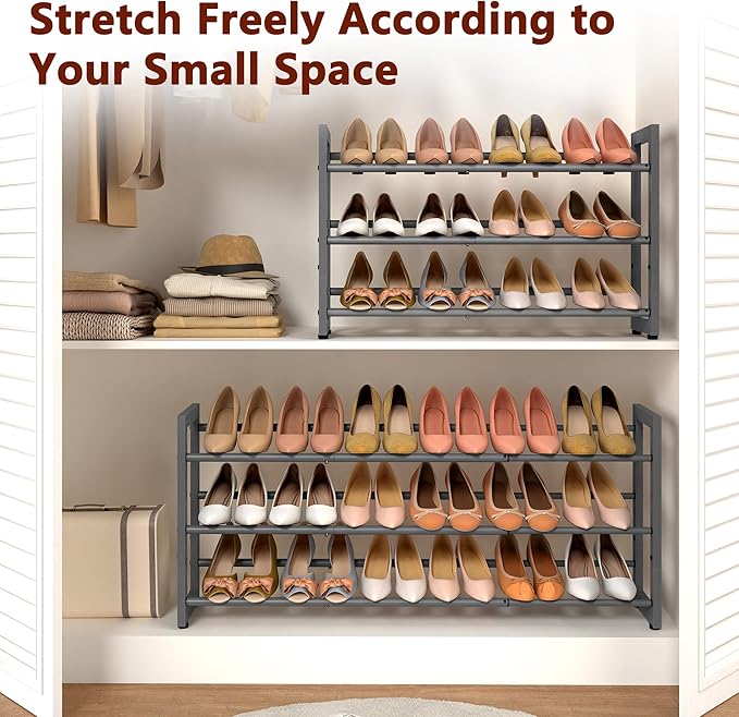 FAVOOSTY 3-Tier Expandable Shoe Rack, Adjustable Shoe Shelf Storage Organizer Space Saving Metal Free Standing Shoe Rack for Entryway Closet Doorway, Silver Grey