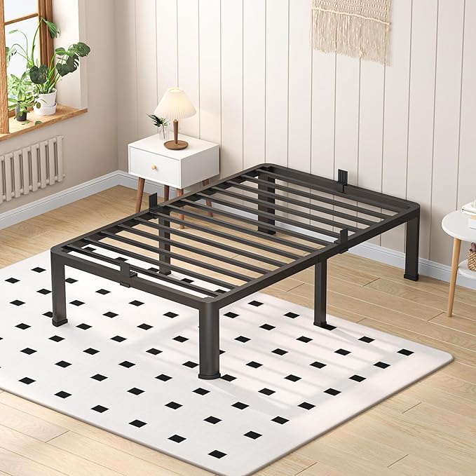 18 Inch Twin Heavy Duty 3500 lbs Bed Frame with Round-Corner Legs & Anti-Squeak Design – Quick Assembly Metal Platform, No Box Spring Needed