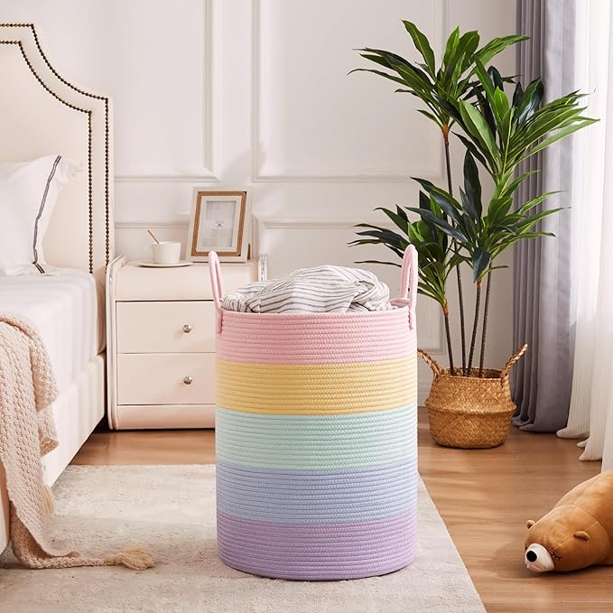 15Dx20H inches Baby Girls Kids Hamper Rainbow Laundry Basket for Nursery Clothes Pastel Unicorn Woven Hamper in Playroom Bedroom 60L Large Tall Blanket Basket for Toy Storage