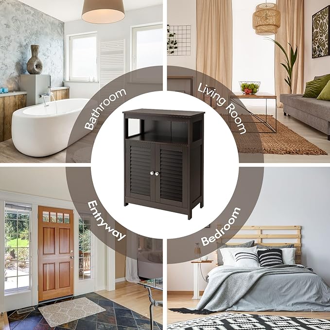 COSTWAY Bathroom Storage Cabinet, Wooden Side Storage Organizer with Louver Doors & Removable Shelf, Freestanding Floor Cabinet for Living Room, Kitchen, Entryway (Brown)