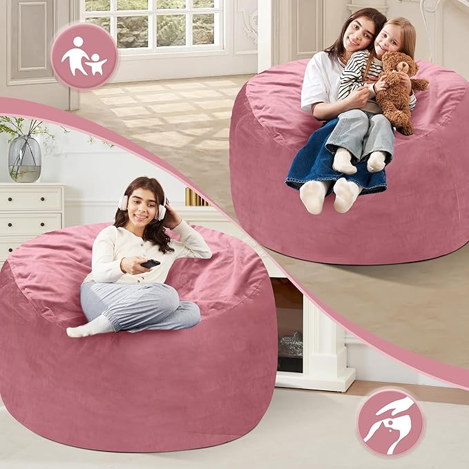 Homguava 4 FT Bean Bag Chair: 4' Bean Bags with Memory Foam Filled, Large Beanbag Chairs Soft Sofa with Dutch Velvet Cover-Dusty Pink