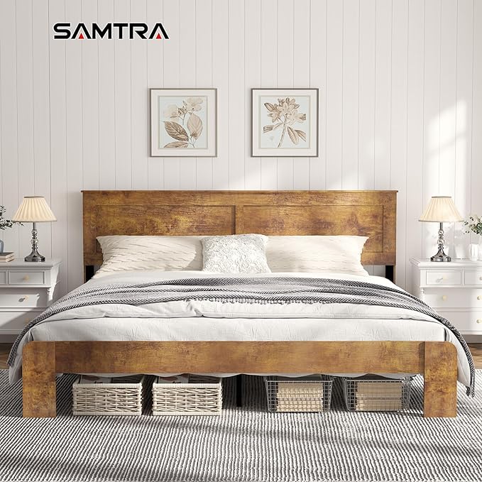 Wooden Bed Frame King Size with Headboard, Farmhouse Platform Bedframe with Wood Slat Support, Sturdy Framework Bed Frame, Easy Assembly (Rustic Brown)