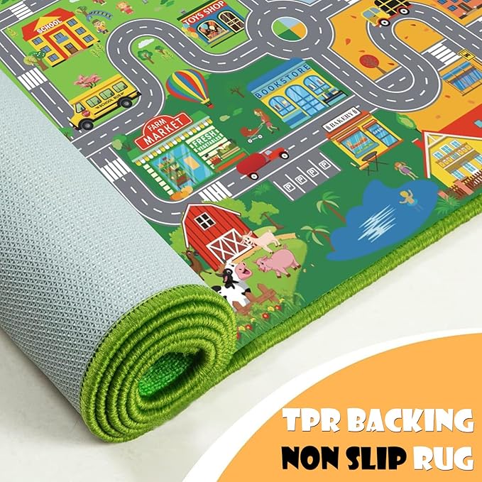 Car Rugs for Kids Toy Cars,Kids Play Rug with Non-Silp Backing, City Road Carpet for Playroom Bedroom Boys, Car Track Map Playmat - 4'11" x 3'3" (Rectangular)