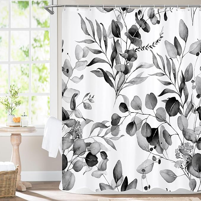 MitoVilla Black Spring Floral Shower Curtain, Modern Plants Botanical Fabric Cloth Shower Curtains for Chic Elegant Bathroom Decor, Summer Watercolor Eucalyptus Leaf, 72x72