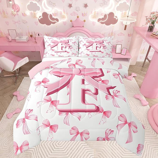 jejeloiu Kids Girls Cute Pink Bow Comforter Set Queen Size Monogrammed Bedding Set Ultra Soft Personalized Initial F Duvet Quilt Coquette Bow Knot Quilt Set Room Decor Modern Fashion Comforter