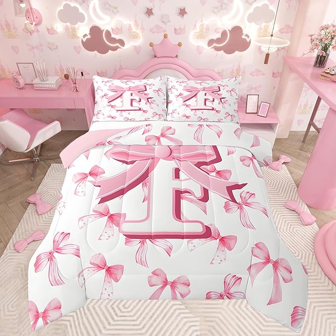 jejeloiu Kids Girls Cute Pink Bow Comforter Set King Size Monogrammed Bedding Set Ultra Soft Personalized Initial F Duvet Quilt Coquette Bow Knot Quilt Set Room Decor Modern Fashion Comforter