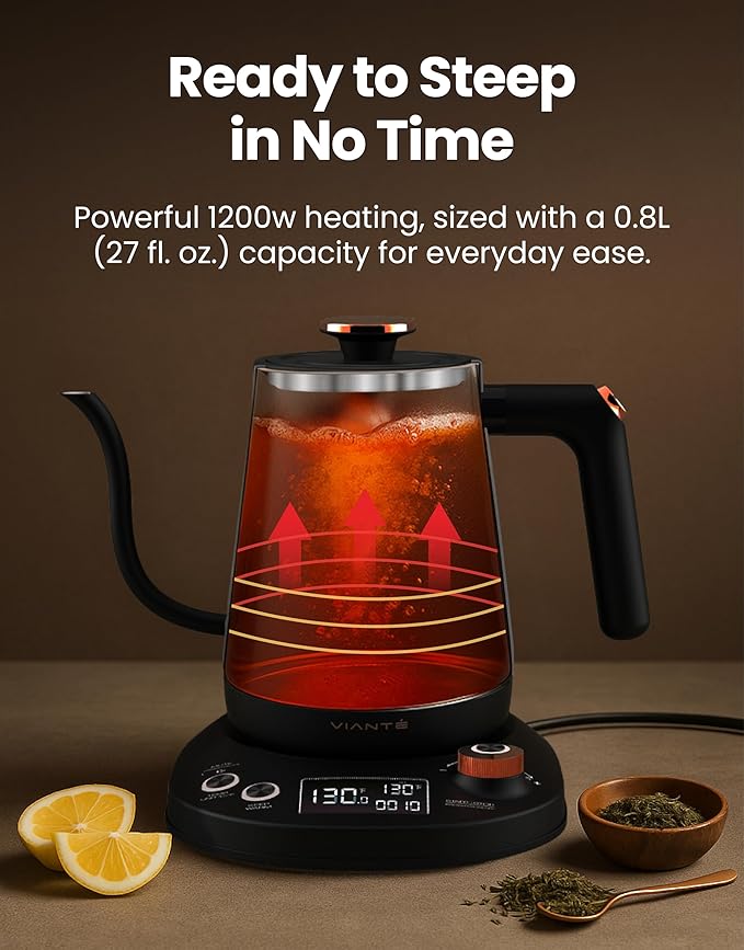 Vianté Electric Gooseneck Kettle with Precise Temperature Control. Pour Over Coffee & Tea Kettle. Boil-Dry Protection & Keep Warm Function. Stainless Steel, BPA-Free. Includes V60#2 Filters. 0.8L