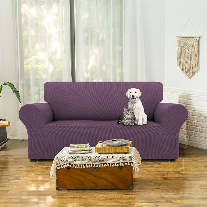 LURKA Stretch Loveseat Sofa Slipcovers 1 Piece Couch Covers for Sofa Furniture Protector Full Sofa Covers with Elastic Bottom for Kids and Dog (Medium,Purple)