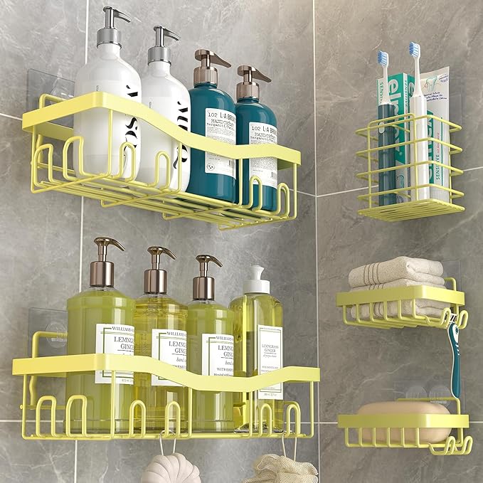 Adhesive Shower Caddy, No Drilling Bath Organizers 5 Pack, Rustproof Shelves with Soap Holder & Toothbrush Holder, Bathroom Organizers and Storage, Yellow