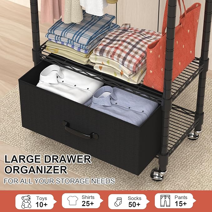 Clothes Rack, Clothing Rack for Hanging Clothes, 3 Tiers Adjustable Closet Organizer System with Drawer | Hanging Rod | Side Hooks | Load 445lbs | 23" L x 13.1" W x 78.7" H | Black