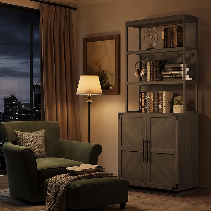 SICOTAS Tall Bookshelf with Storage Cabinet - Modern Book Shelf with Doors and Shelves, 5 Tier Bookcase with Metal Frame Industrial Large Book Case for Home Office, Living Room, 75 Inch, Ash Gray