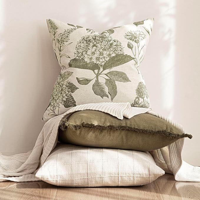 Foindtower Set of 2 Linen Floral Throw Pillow Covers Vintage Accent Print Decorative Cushion Covers Farmhouse Boho Home Decor for Sofa Chair Couch Bedroom Living Room Outdoor,20×20 Inch,Sage Green