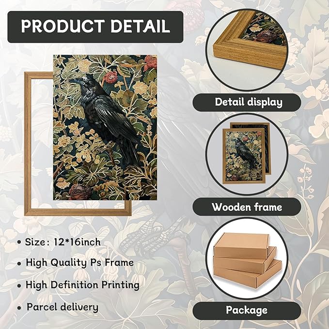 AKWISH Framed 3D Textured Vintage Wall Art - Dark Academia Decor Hand Drawn Sandstone Black Crow Paintings with Botanical Florals, Aesthetic Wall Decor for Living Room Bedroom Home 12x16 inch