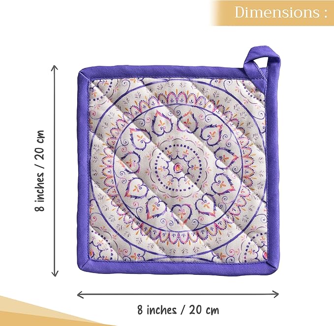 Maison d' Hermine Pot Holders 100% Cotton Heat Resistant Potholders 8" x 8" Hot Pads with Loop BBQ, Cooking, Baking, Grilling, Kitchen, Handling Hot Pans Spring/Summer (Pack of 1, Mandala)