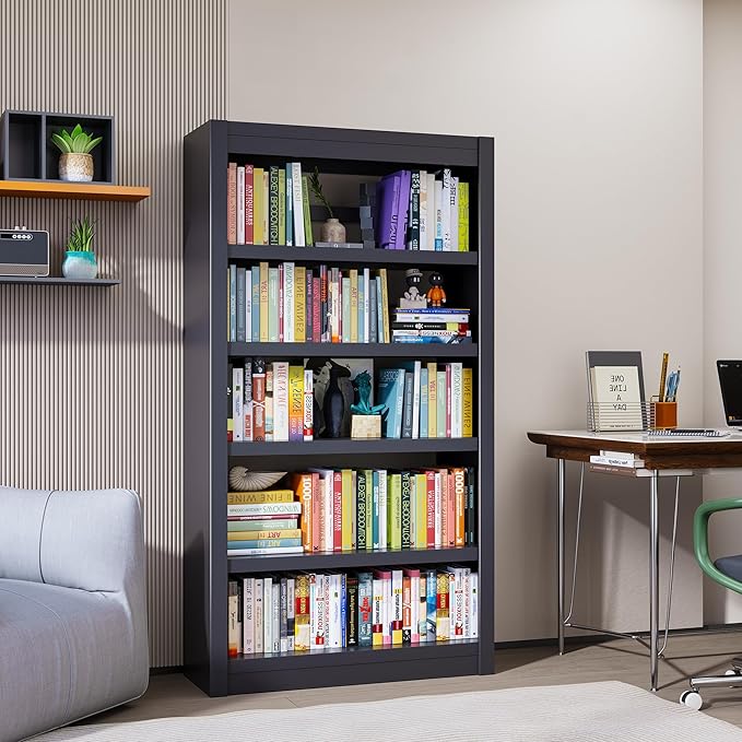Bookshelf, 5-Tier Bookcase, Modern Bookshelves with Adjustable Shelves, Book Shelf for Home Office, Living Room, Garage, Minimalist Lifestyle & Small Space Living(Black)