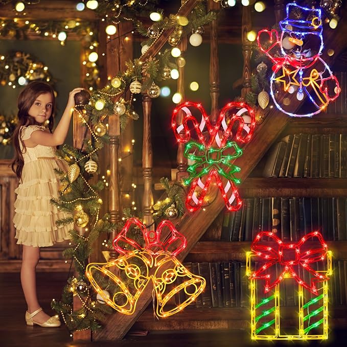 Christmas Decorations - 16" Christmas Window Silhouette Lights - 4 Pack Colour Lighted Gift Box ＆ Snowman ＆ Candy Cane ＆ Bell for Holiday Indoor and Outdoor Wall Door Window Decorate