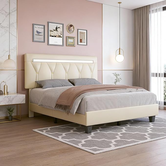 Full Size Bed Frame with Bluetooth Speaker, LED Lights and Charging Station, Faux Leather Linen Fabric Adjustable Headboard,Modern Upholstered Bed, Wood Slat Support, Easy Assemble, Beige