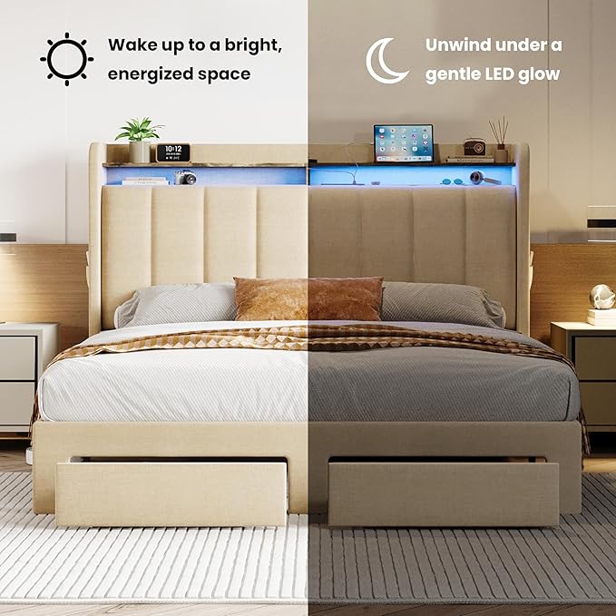 SHA CERLIN Queen Platform Bed Frame with Vertical Channel Tufted Wingback Headboard & 2 Storage Drawers/2-Tier Shelves with LED Lights & Charging Station/Noise-Free/No Box Spring Needed/Beige