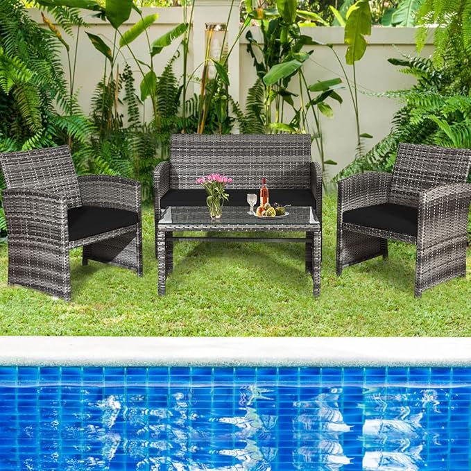 Tangkula 4 PCS Wicker Patio Conversation Set, Outdoor Rattan Sofas with Table Set, Patio Furniture Set with Soft Cushions & Tempered Glass Coffee Table for Poolside Balcony