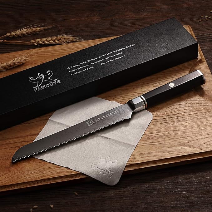 8" Serrated Bread Knife, Made of 67 Layers Damascus w/Octago Indonesian Ebony Handle Professional Cuts Thick Loaves Effortlessly have Razor Sharp and Superb Edge Retention