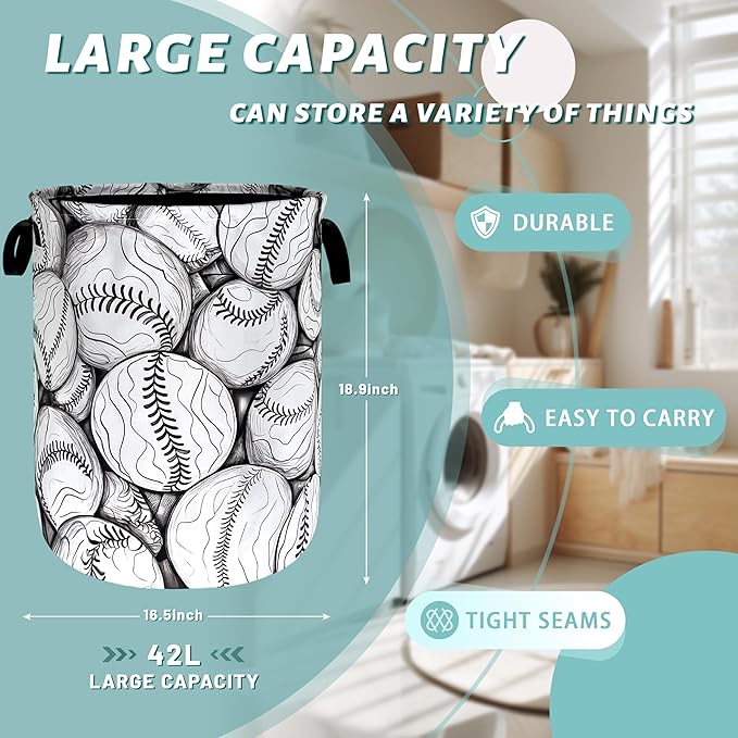 Black White Baseball Pattern Laundry Basket Foldable Oxford Cloth Baseball Laundry Hamper With Handle Portable Clothes Storage Basket 18.9 X 16.5 Inch Storage Bag For Laundry Room/Bathroom/Bedroom