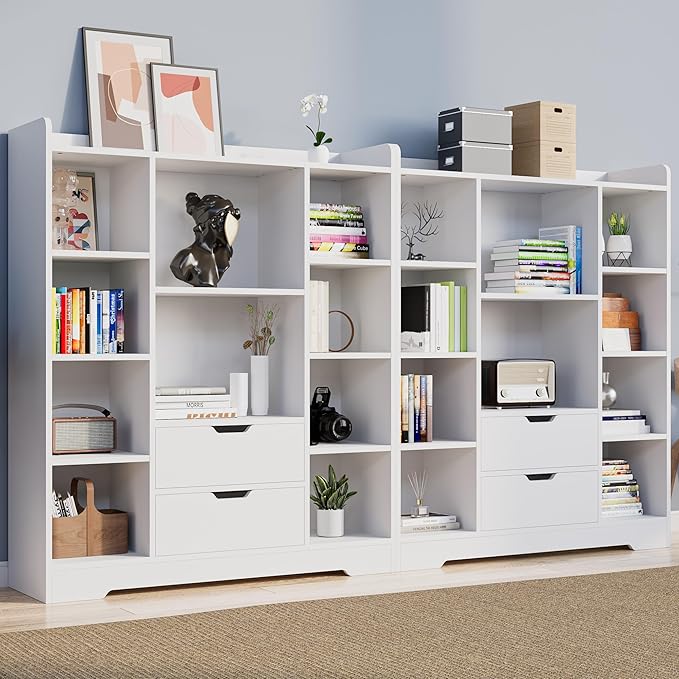 Cozy Castle Kids Bookshelf with Storage, Toy Storage Organizer with 2 Drawers and 10 Cubes 4-Tier Bookcase for Bedroom, Playroom, Hallway, Living Room(White)