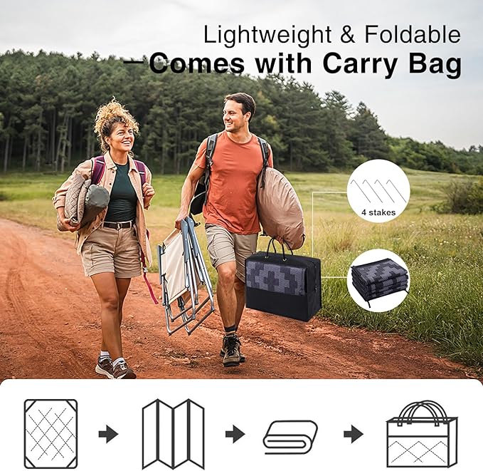 OLANLY Waterproof Outdoor Rug 8x10 ft, Outdoor Plastic Straw Rug for Camping, RV Mat Outside, Indoor Outdoor Carpet for Porch, Deck, Backyard, Balcony, Picnic, Black & Grey